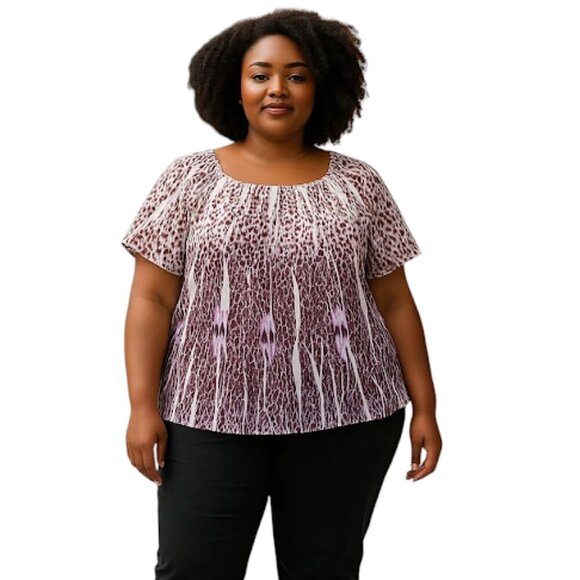 Lane Bryant Blouse Women Size 18/20 Purple Square Neck Sheer Print Short Sleeve - Picture 1 of 6